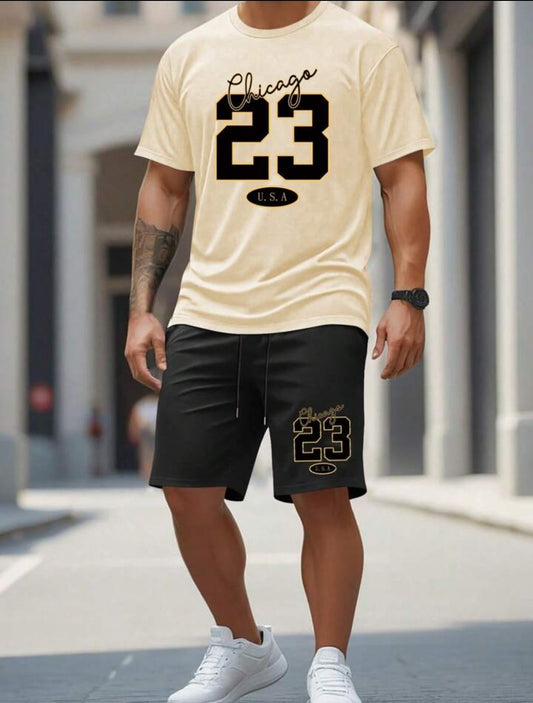 Mens Shorts and T-Shirt Summer Cotton Set - MMSS100 - Cream Black